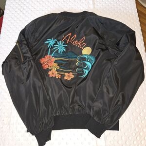 Love Tree Women's Small Black BOMBER JACKET Hawaiian Aloha Embroidered Palm Tree